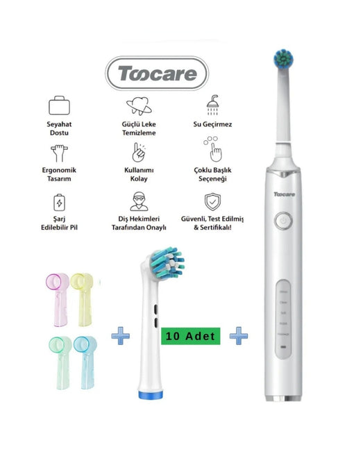 Toocare Şarj Edilebilir PREMİUM Diş Fırçası (5 Farklı Mod - LCD Ekran) + 10 Adet Yedek Başlık + 4 Kapak